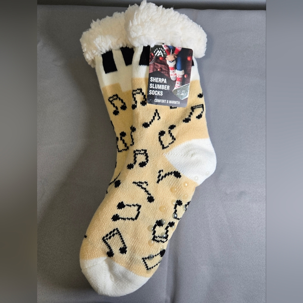 Sherpa Cozy Tan and Black Knit Womens Socks Musical Notes And Keys One Size